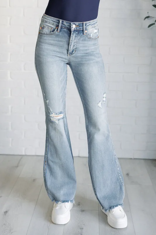 Caroline Mid Rise Control Top Distressed Flare Jeans - Judy Blue