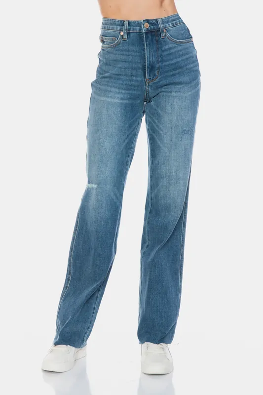 Tummy Control Cut Raw Hem Straight Jeans - Judy Blue