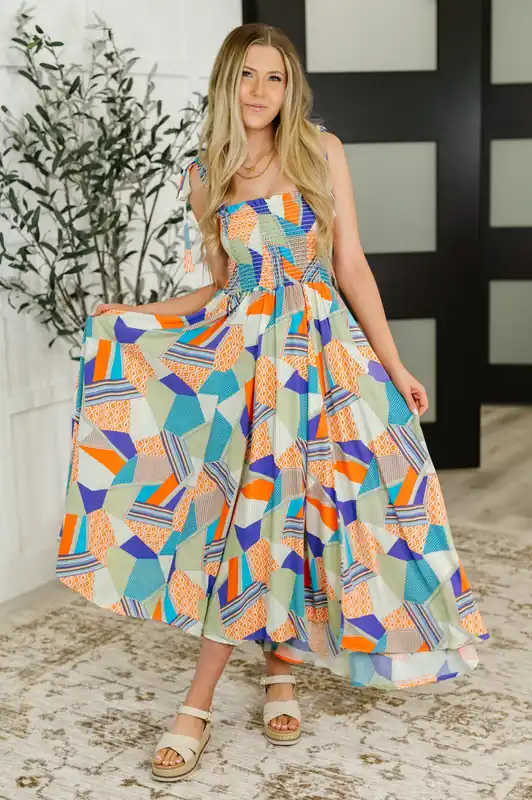 Paint Me Pretty Square Neck Dress in Lime, Blue and Tangerine - Haptics
