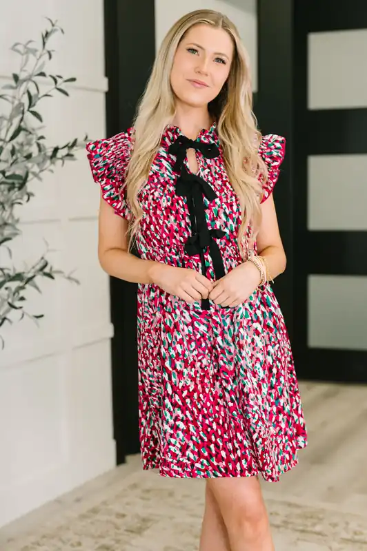 Pattern Pending Bow Detail Dress in Fuchsia and Black - Haptics