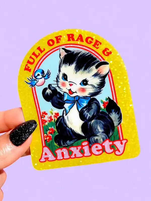 Full of Rage & Anxiety – Retro Cat Glitter Vinyl Sticker - UntamedEgo LLC.