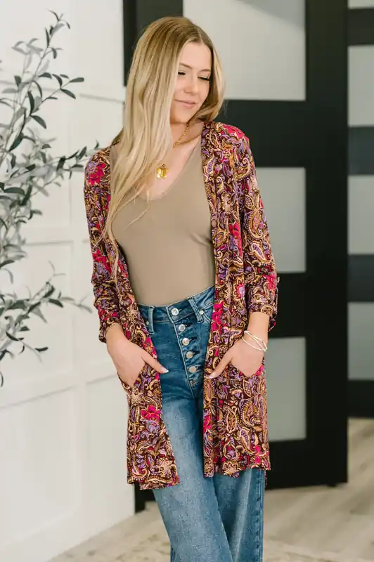 Lizzy Cardigan in Chocolate Paisley - Dear Scarlett