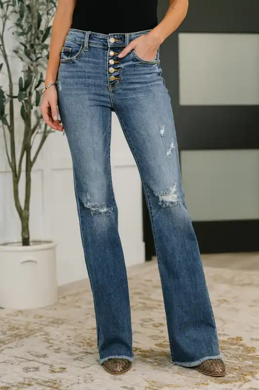 Marion Mid Rise Button Fly Flare with Destroy Fray Hem - Judy Blue