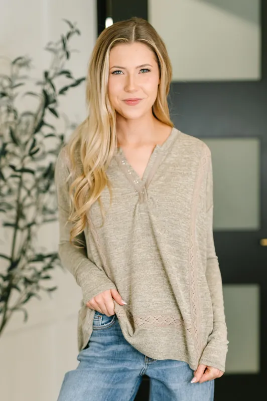 Never Been So Sure Lace Accent Henley Top in Taupe - In Loom