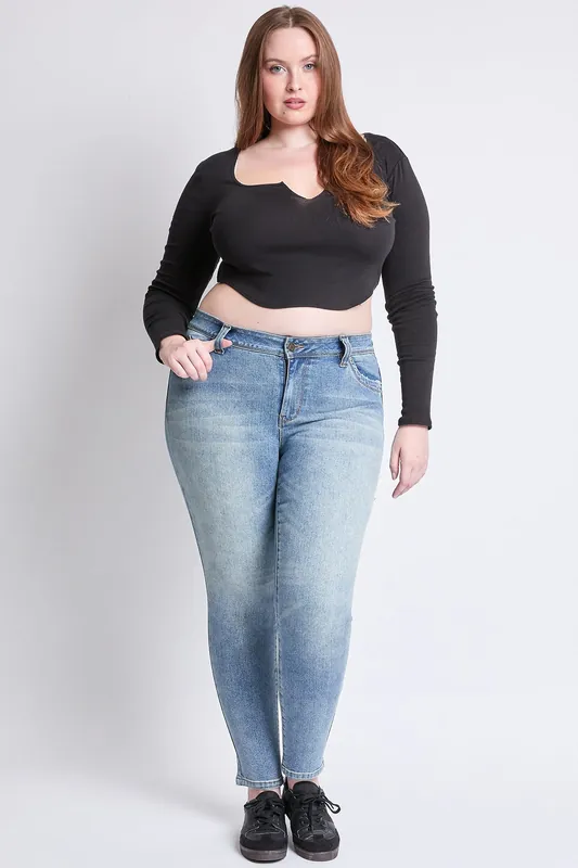 Plus “WannaBettaButt” Mid Rise Embroidered Skinny Jean - YMI JEANS