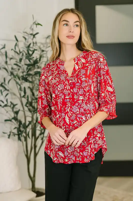 Lizzy Smock Top in Red and Pink Floral - Dear Scarlett