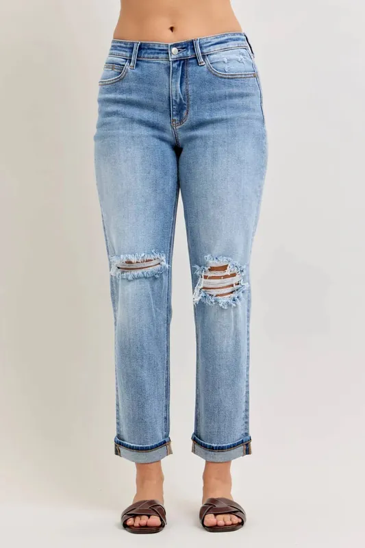 Elaine Mid Rise Boyfriend with Distress & Cuff - Judy Blue