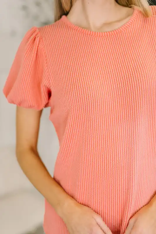 Grace & Virtue Balloon Sleeve Blouse in Coral - Zenana