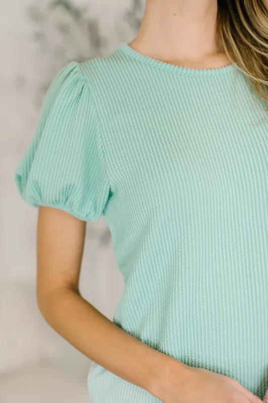 Grace & Virtue Balloon Sleeve Blouse in Mint - Zenana