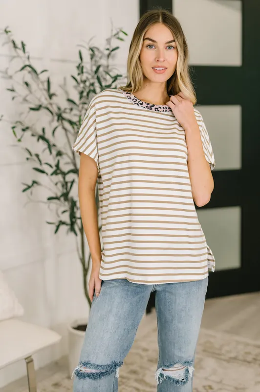 I Think I'm in Love Round Neck Loose Tee in Khaki Leopard - One Eleven North