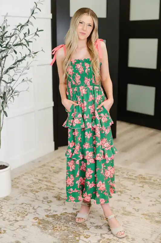 Low Effort, High Impact Tiered Dress in Green/Coral - Haptics
