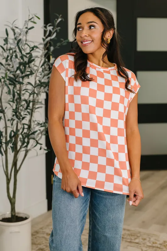 Check Hers Round Neck Top in Orange - 7th Ray