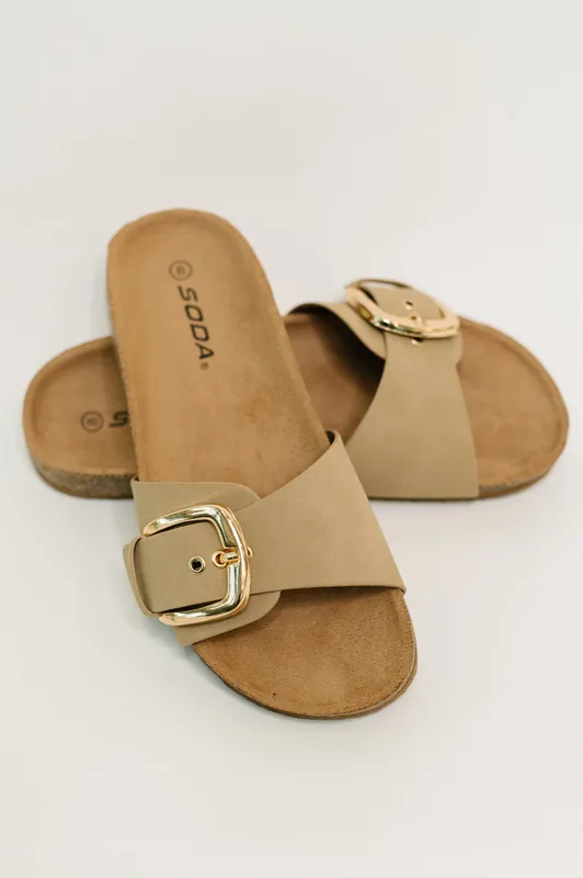 Lizzy Slip on Buckle Strap Sandal in Taupe - Soda