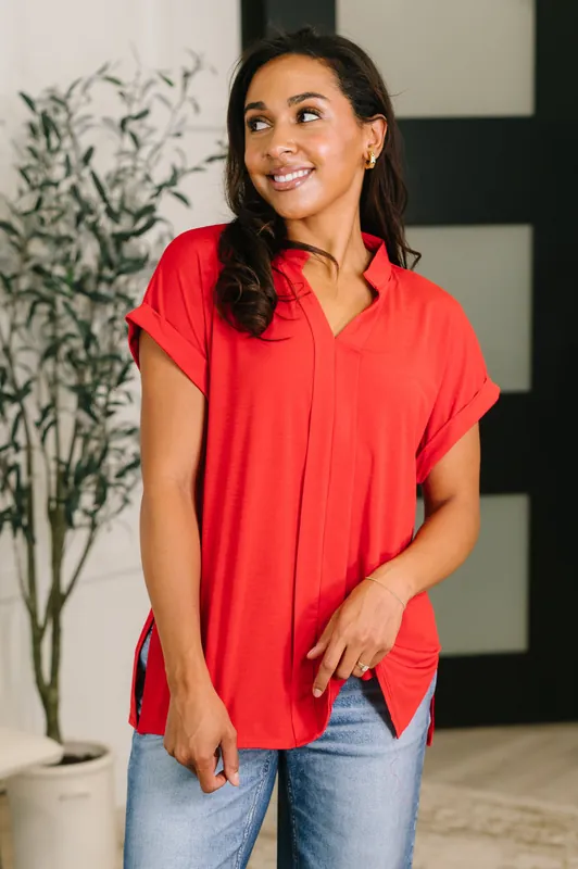 Lizzy Bloom Split Neck Blouse in Red - Dear Scarlett