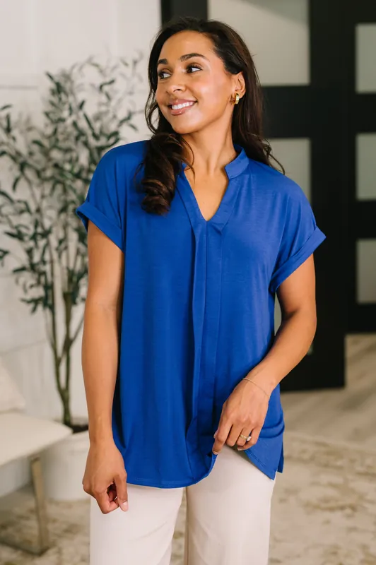 Lizzy Bloom Split Neck Blouse in Royal Blue - Dear Scarlett