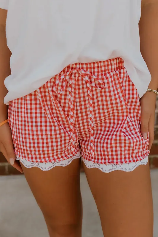 Gingham Plaid Tie Elastic Waist Lace Patchwork Hem Shorts - The Dapper Squirrel