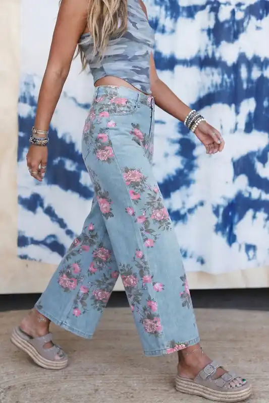 Sky Blue Garden Floral Print Bootcut Jeans - The Dapper Squirrel