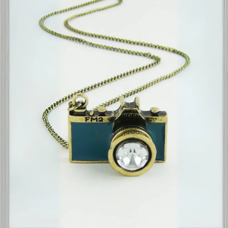 Vintage Camera Necklace in Teal | Antique Brass Long Chain - The Bullish Store