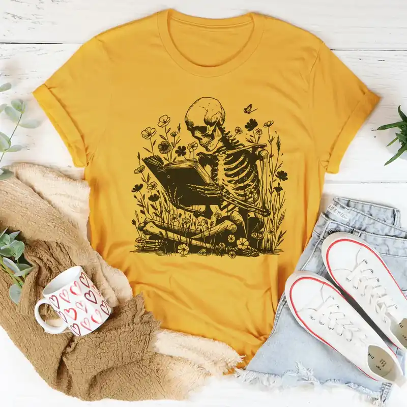 Skull With Books Tee - Peachy Sunday