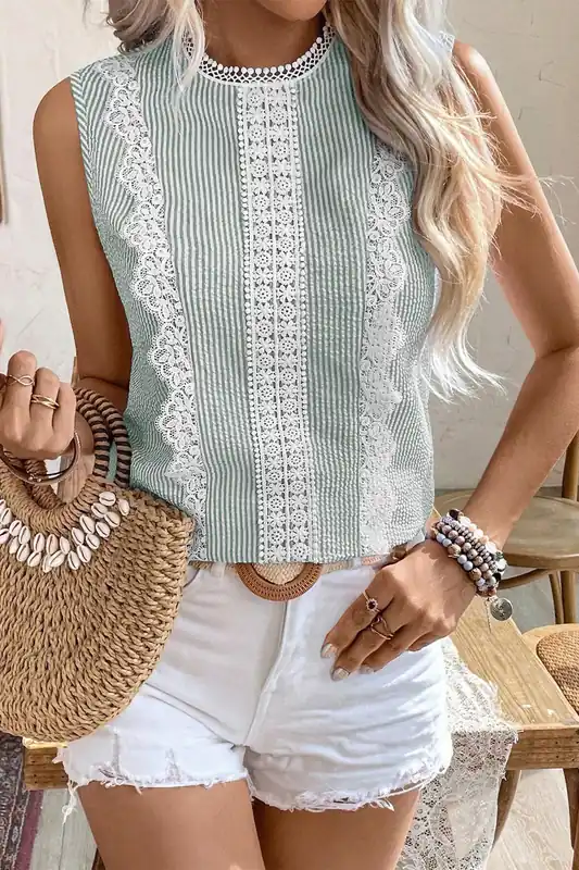 Claudia-Green Stripe Lace Patchwork Crew Neck Tank Top