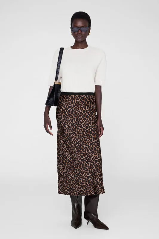 Printed Bar Silk Skirt - Black And Brown Leopard