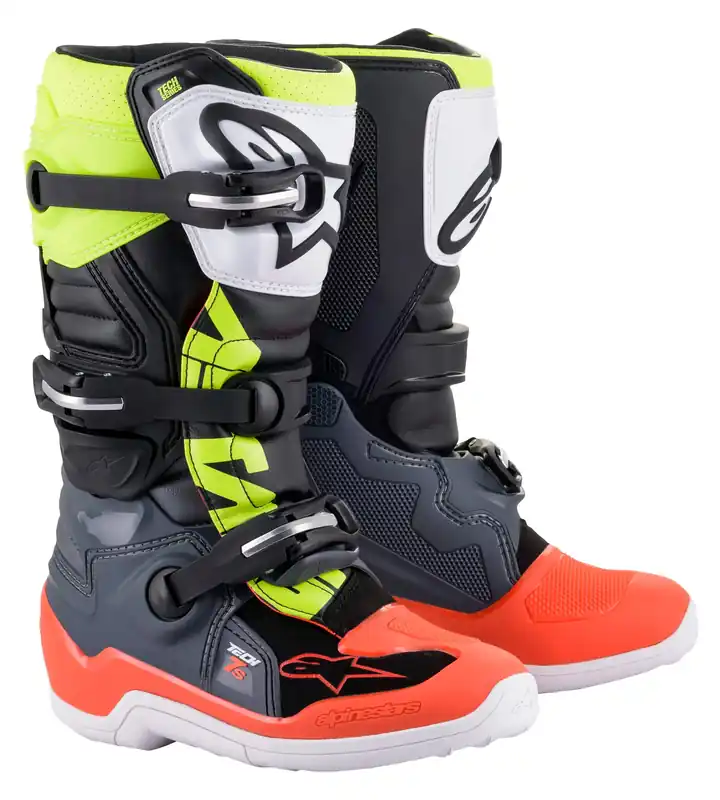 Alpinestars Youth Tech 7s Dark Grey/ Red Fluo/Yellow Fluo Boots - LiveTheGnar