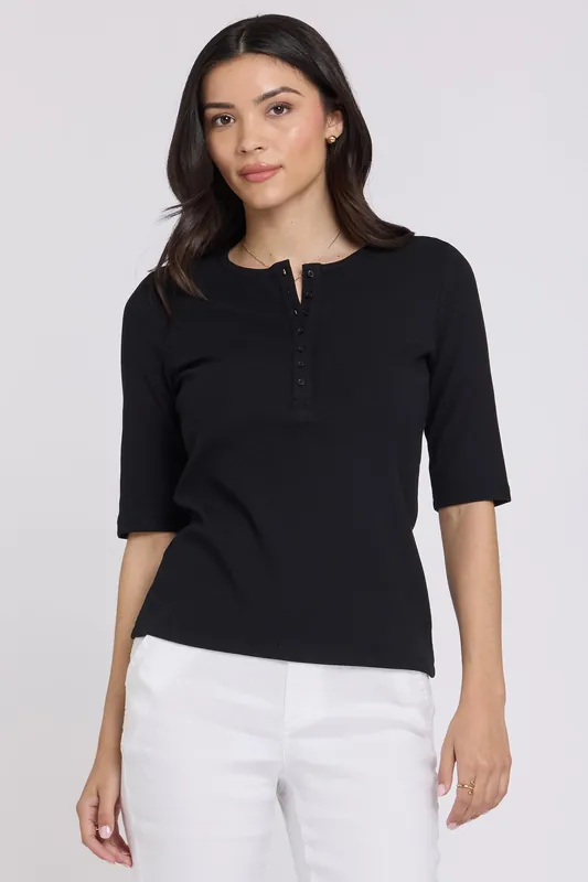 Ribbed Elbow Sleeved Henley - Black