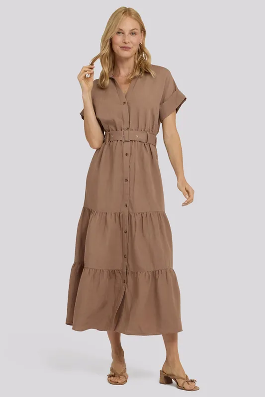 Belted Tiered Shirtdress - Toasted Coconut
