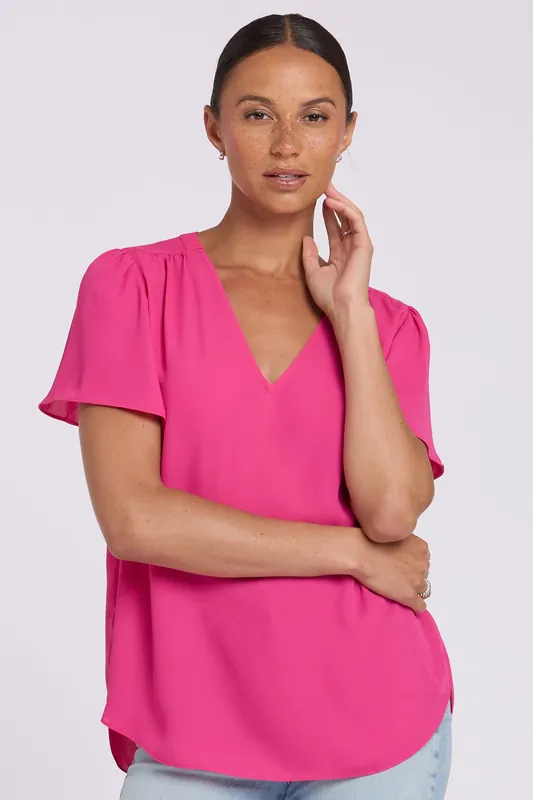 Pleated Flutter Sleeved Blouse - Pink Heart
